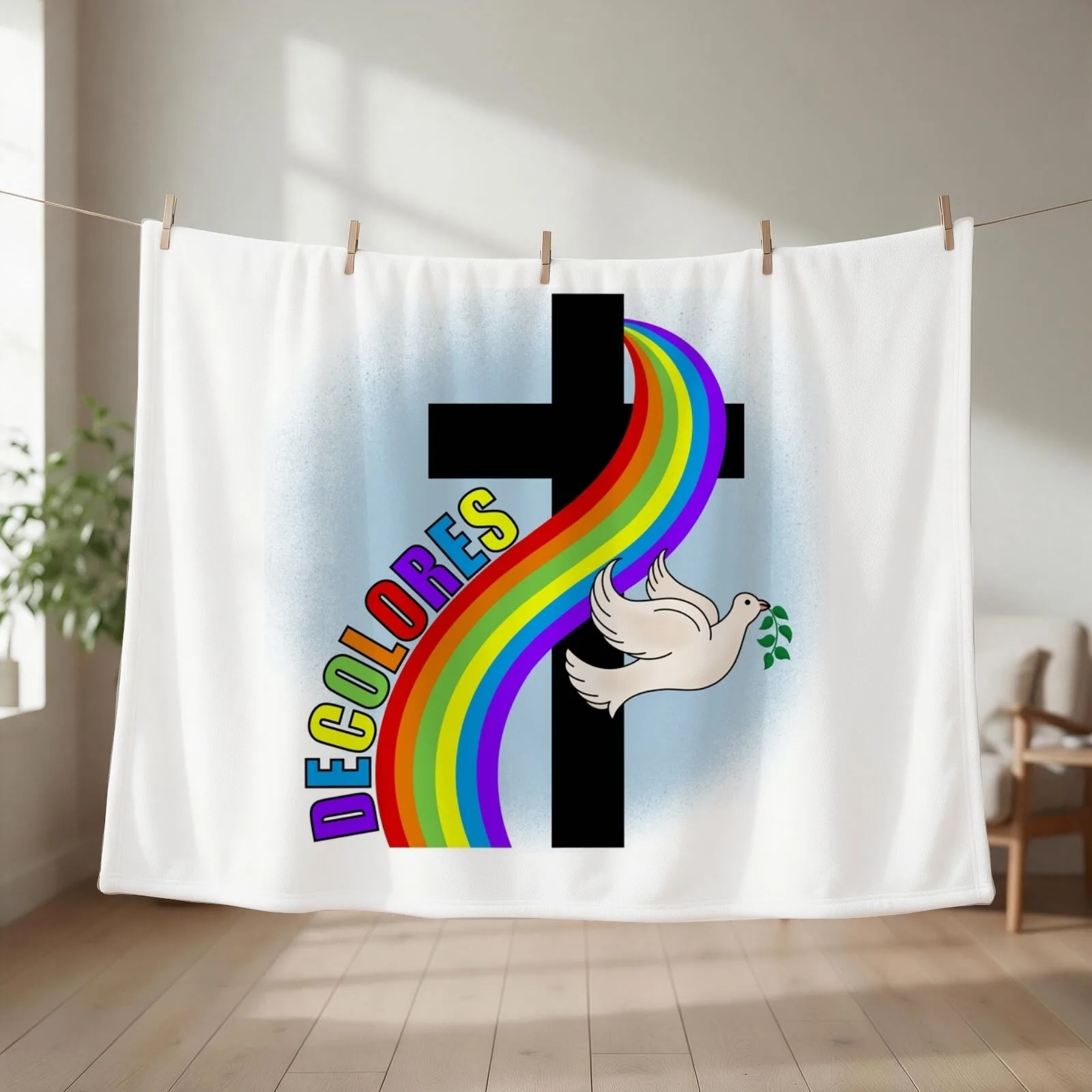 DeColores Cursillo Rainbow With Cross and Peace Dove (White) Throw Blanket couch cozy soft plush fuzzy picnic outdoor blanket