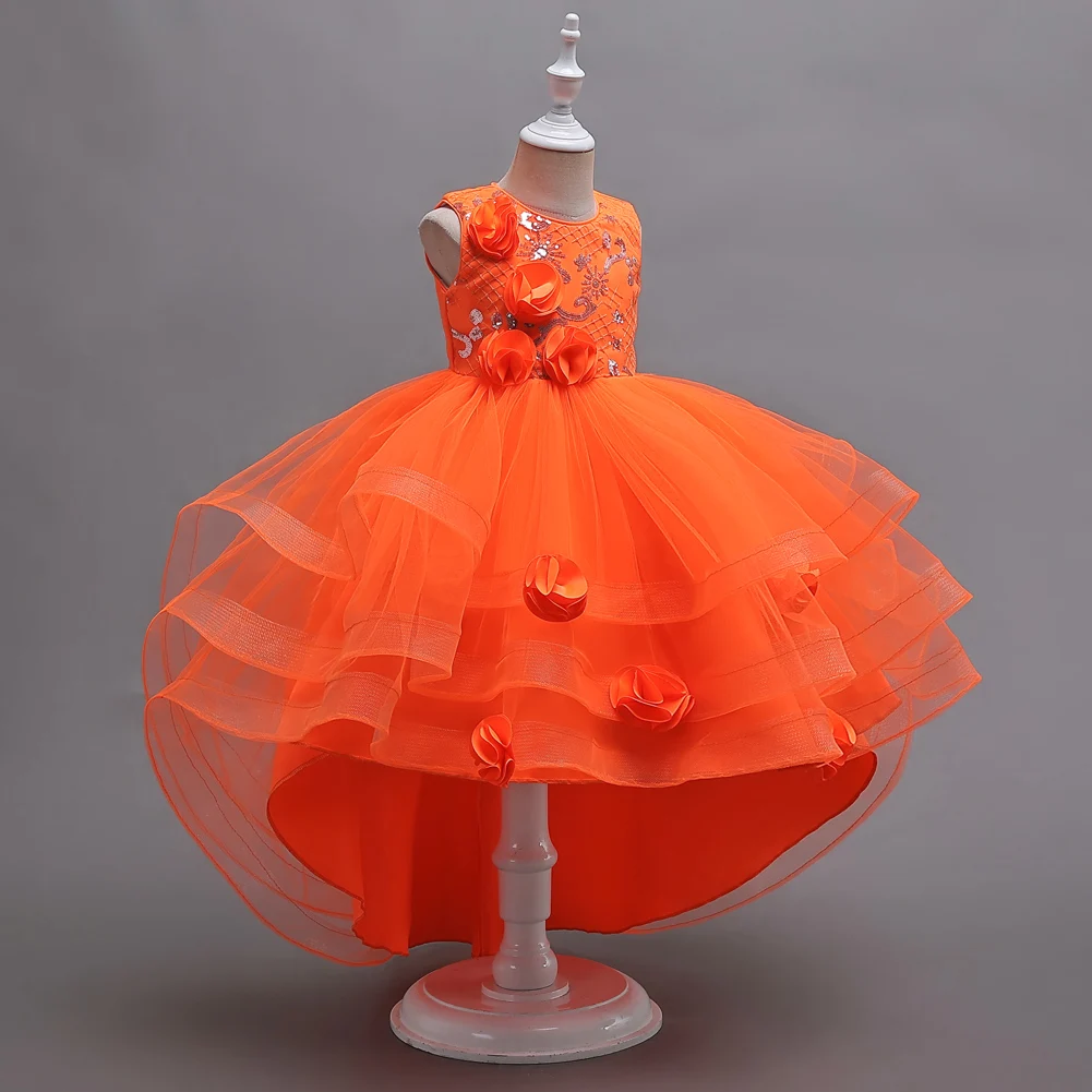 New Orange Flower Girl Princess Tail Dress for   3 to 12 Year KID Birthday Party Dresses