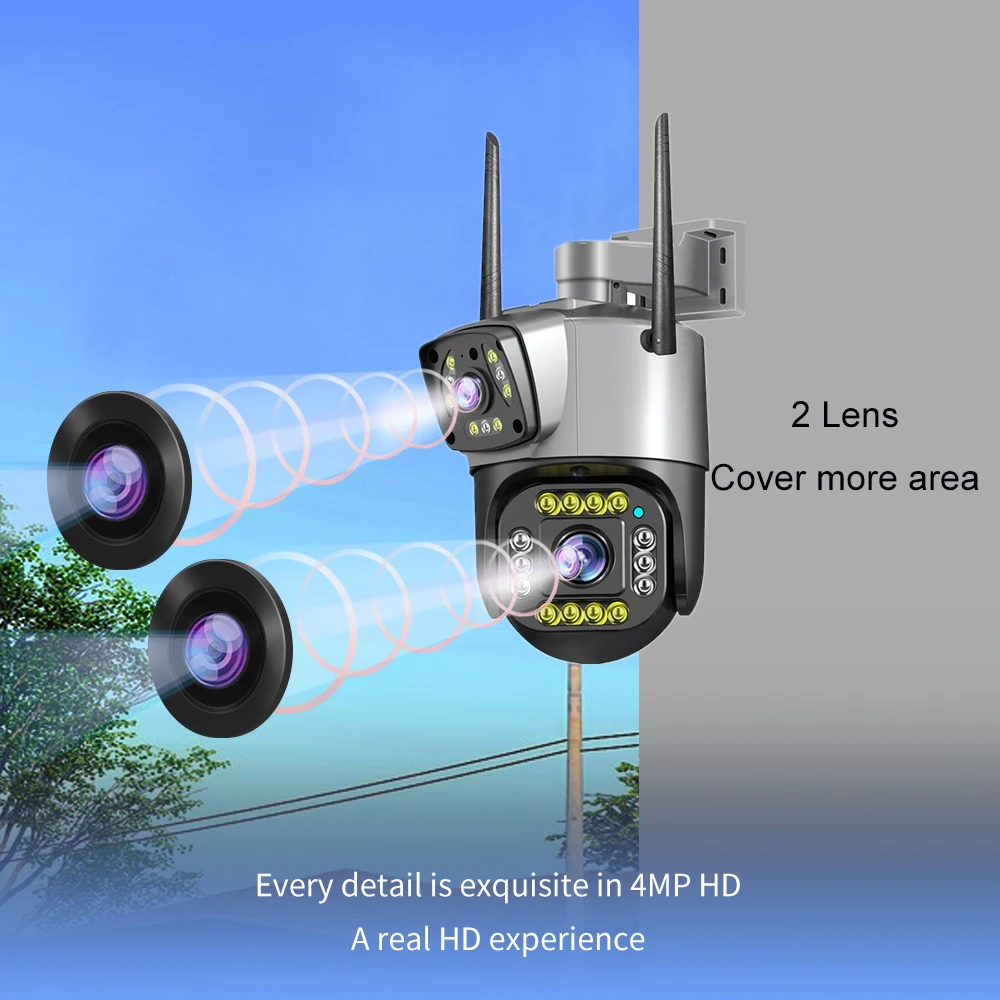 กล้องวงจรปิดไร้สายสองทางมีสองสีระบบ WiFi 4MP ติดตามตัวกล้องวงจรปิดเลนส์คู่ป้องกันบ้านกล้องวงจรปิดแบบ360องศา