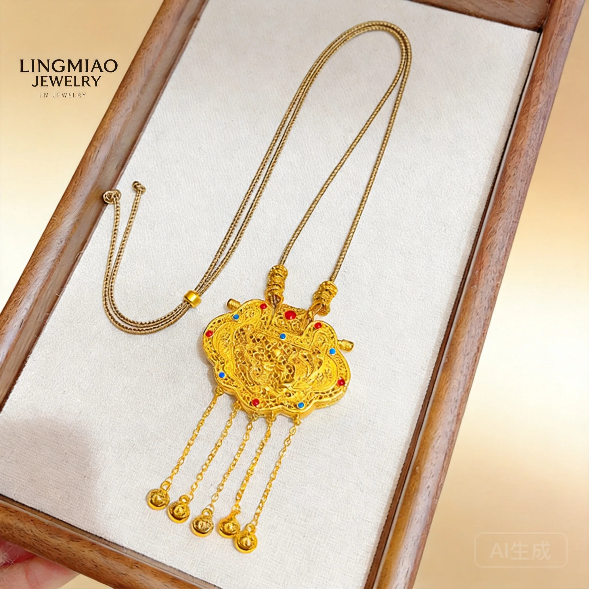 

2026 Chinese Style Sand Gold Enamel Necklace Women Hollow Dragon Phoenix Tassel Lock Pendant Adjustable Rope Daily Wear Jewelry