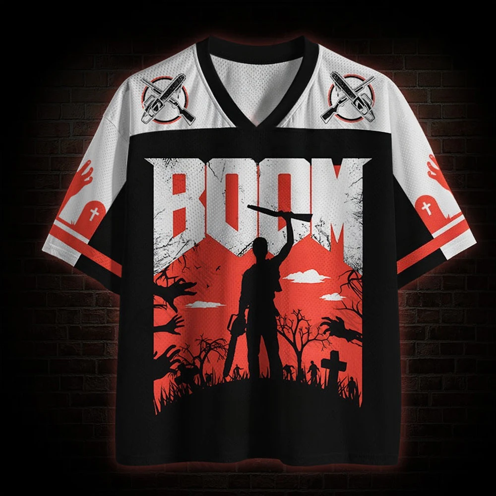 Zombie Silhouette BOOM Print Mesh V Neck Jersey, Short Sleeve Loose Breathable Horror Halloween Streetwear Graphic Top