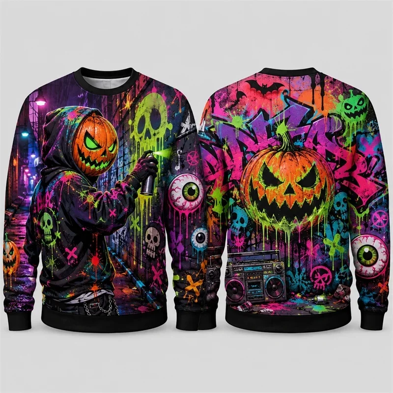 2026 New Autumn/Winter Pumpkin Ghost Graffiti Hoodie for Men 3D Printed Polyester Round Neck Long Sleeve Hip Hop Fashion Hoodie