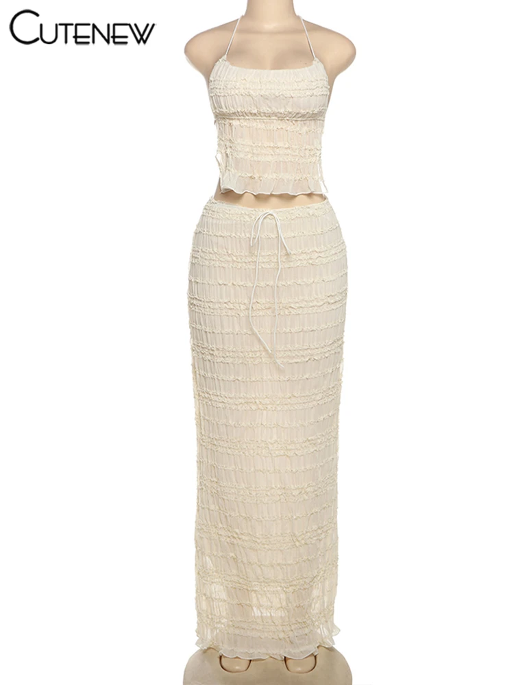 kliou Mesh Shirring Women 2 Piece Set Solid Unique Halter Backless Tanks+Matching Maxi Skirts Female Holiday Beach Outfits New