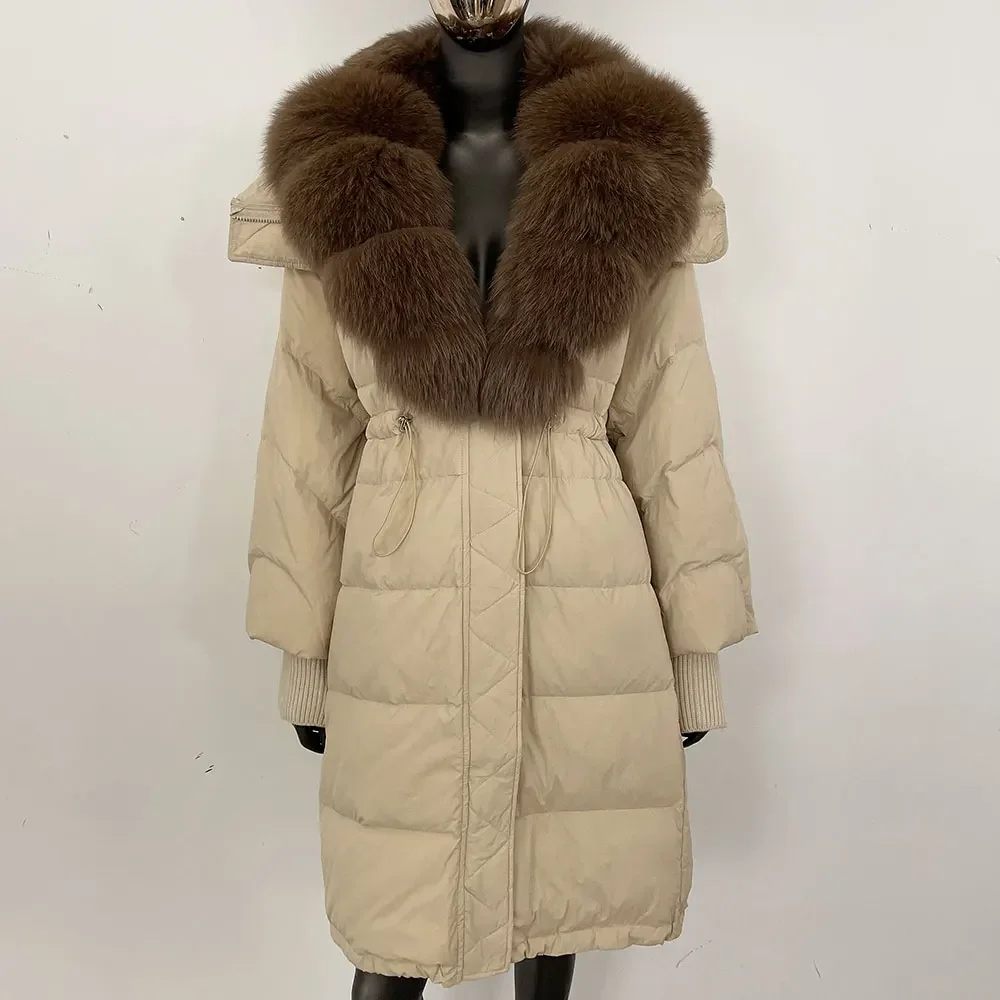 Femmes automne hiver fourrure de raton laveur naturelle vraie fourrure de renard doudoune doudoune longue manteau chaud femme blanc canard doudoune