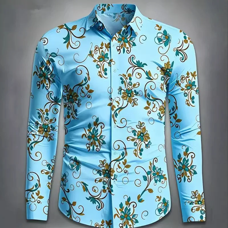 Spring And Autumn Long Sleeve Men's Digital Printing High-end Fashion Trend Long Sleeve Shirt Retro Casual Men's Flower Shirt