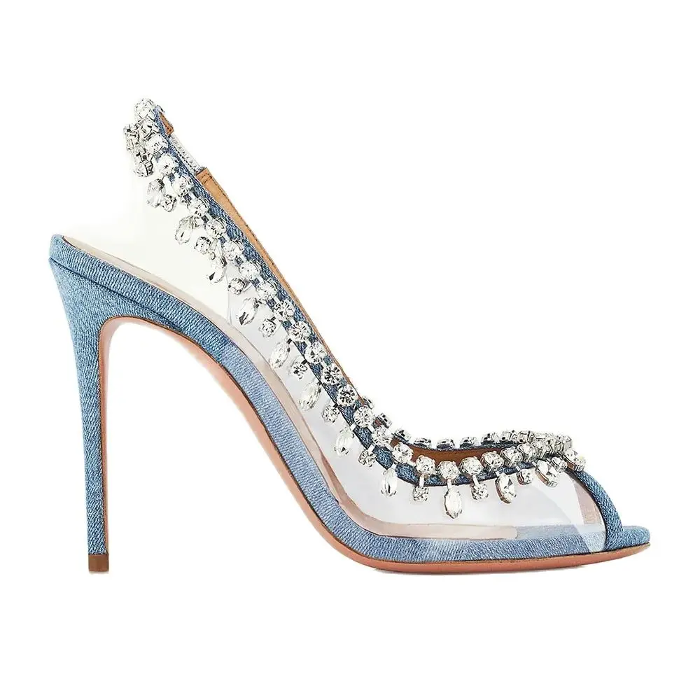 Crystal Rhinestones Transparent Sandals With Denim Trim 2025 Clear High Heels For Ladies Peep Toe Slingbacks