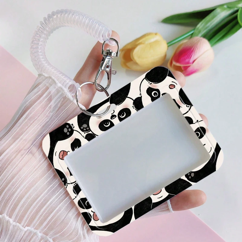 Kawaii Panda Pattern Card Holder with Retractable Spring Cord Suitable for Student Bus/Metro Card Meal Card Protection Case