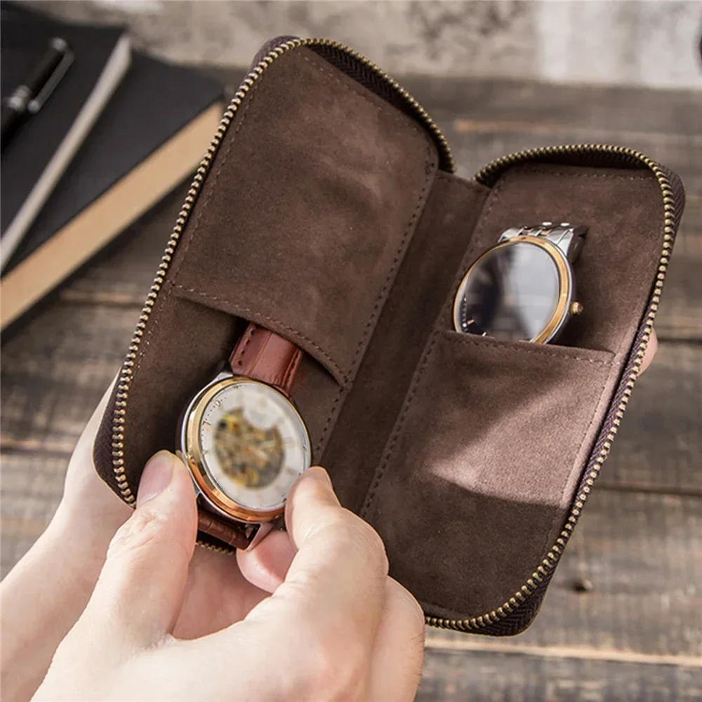 Creative Zipper Couple Watch Bag Vintage Leather Watch Case 2-Slot Watch Storage Bag Carrying Pouch Wristwatch Box Organizer DIY