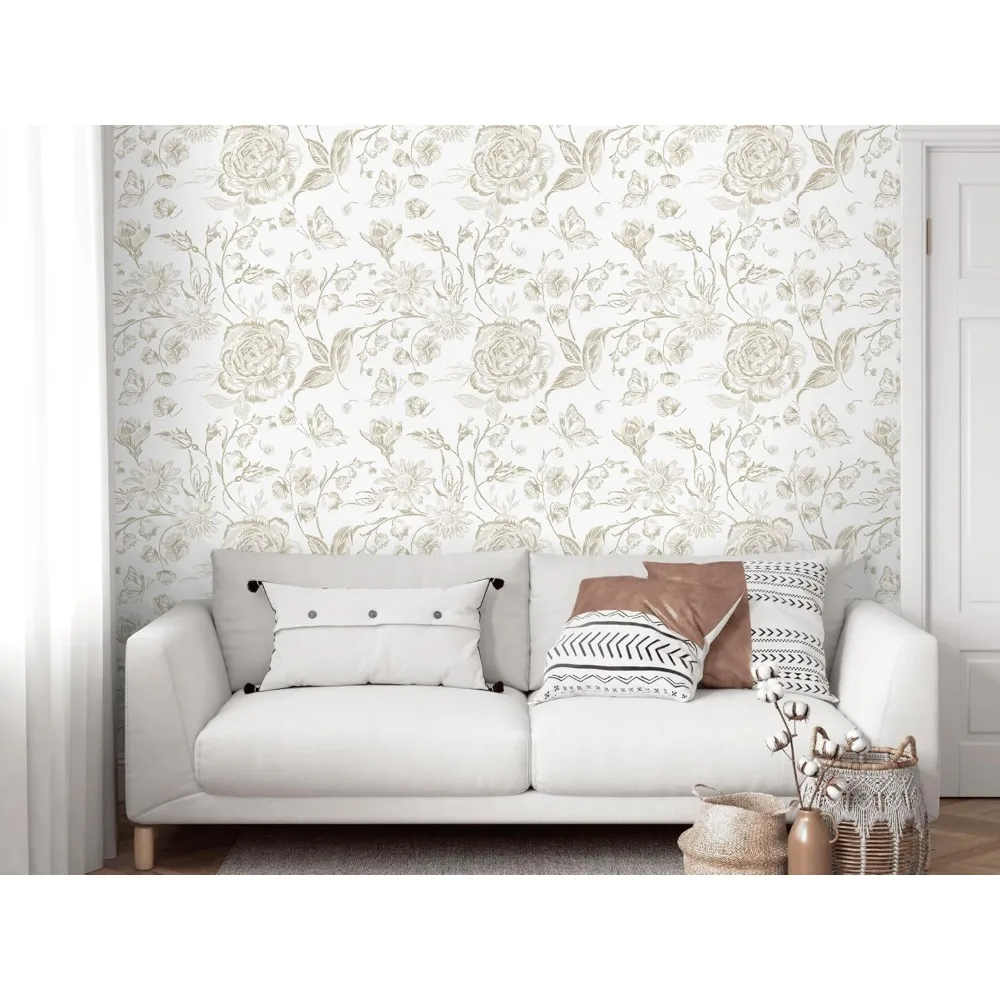 ورق جدران قابل للتقشير واللصق، ورق حائط مزين بالزهور، ورق اتصال مطرز بوهو لغرفة النوم، ورق حائط للحمام، بيج وأبيض قابل للإزالة S