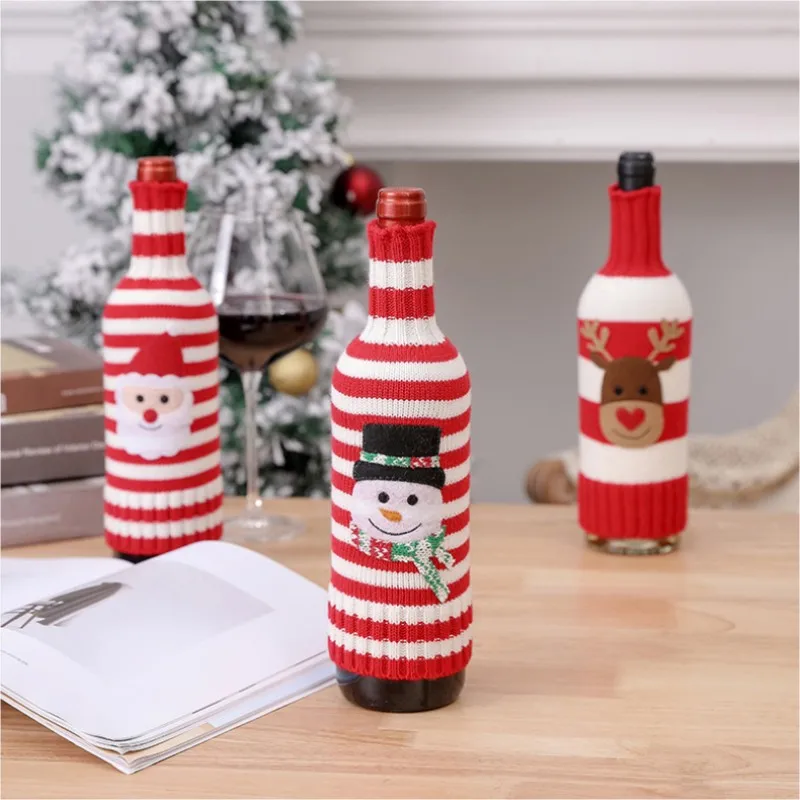 Christmas Wine Bottle Cover Decor Handmade Knit Cute Santa Claus Wine Cup Dress Bags Reusable Xmas Home New Year Decoration Gift