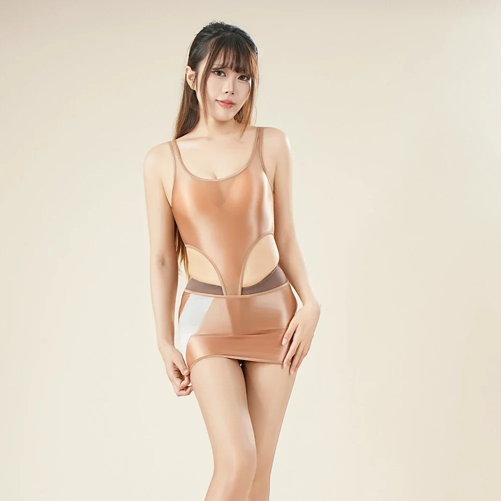 Body tipo Tanga de corte alto para mujer, Tops de satén elástico alto, medias transparentes brillantes, leotardo moldeador, monos para mujer