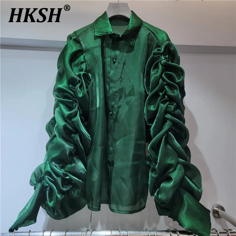 

HKSH Spring Summer New Women Tide Fashion Elegant Original Design Long Layered Puff Sleeved Shirt Solid Color Casual Tops HK5525