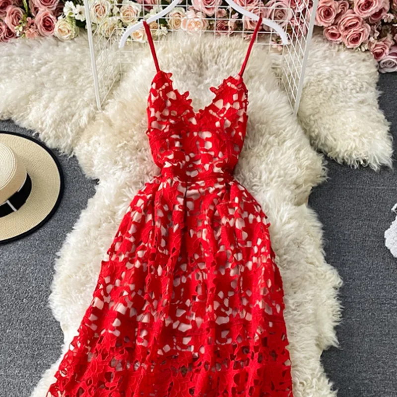 Red Lace Dress Women Hook Flower Hollow Spaghetti Strapped Bodycon Dresses Sexy Luxury Clothing Elegant Party Vestido Summer