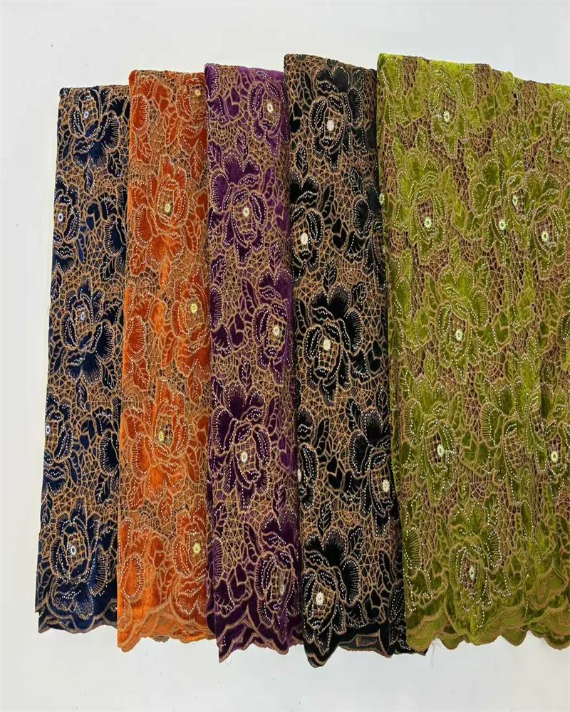 African Lace Fabri  High Quality Goose velvet    Embroidery Rhinestone Linen Prom Dresses Tulle Design 5 Yards