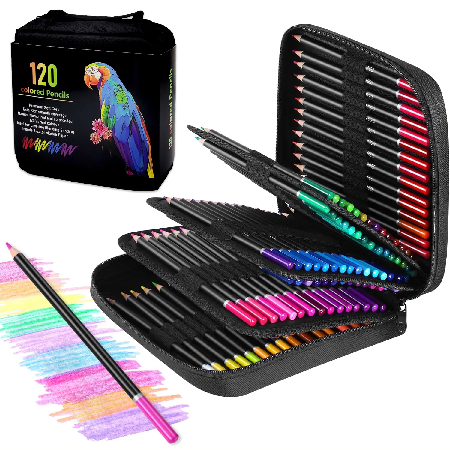 120Colouring Pencils Set, Soft Core Colour Leads for Adults, Professional Colouring Pencils Core for Art, Drawing, with Zip Case