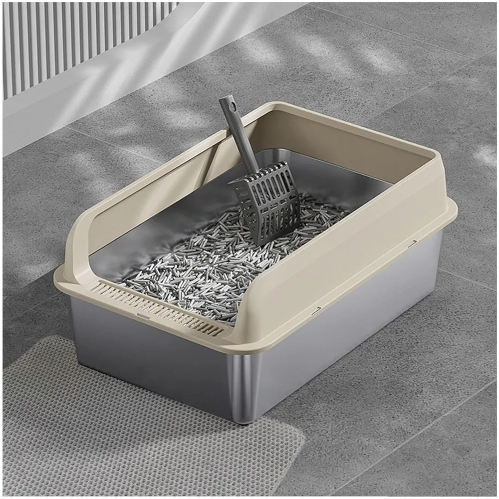 

Litter Box Stainless Steel with Anti-Leakage Enclosure, Stainless Steel Litterbox Include Cat Mat and Litter Scoop