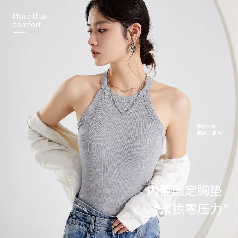 Neck Vest with Chest Pad Women's Summer Sunscreen Bottom Cup Integrated Inside, Sleeveless Thin Slim Top Outside