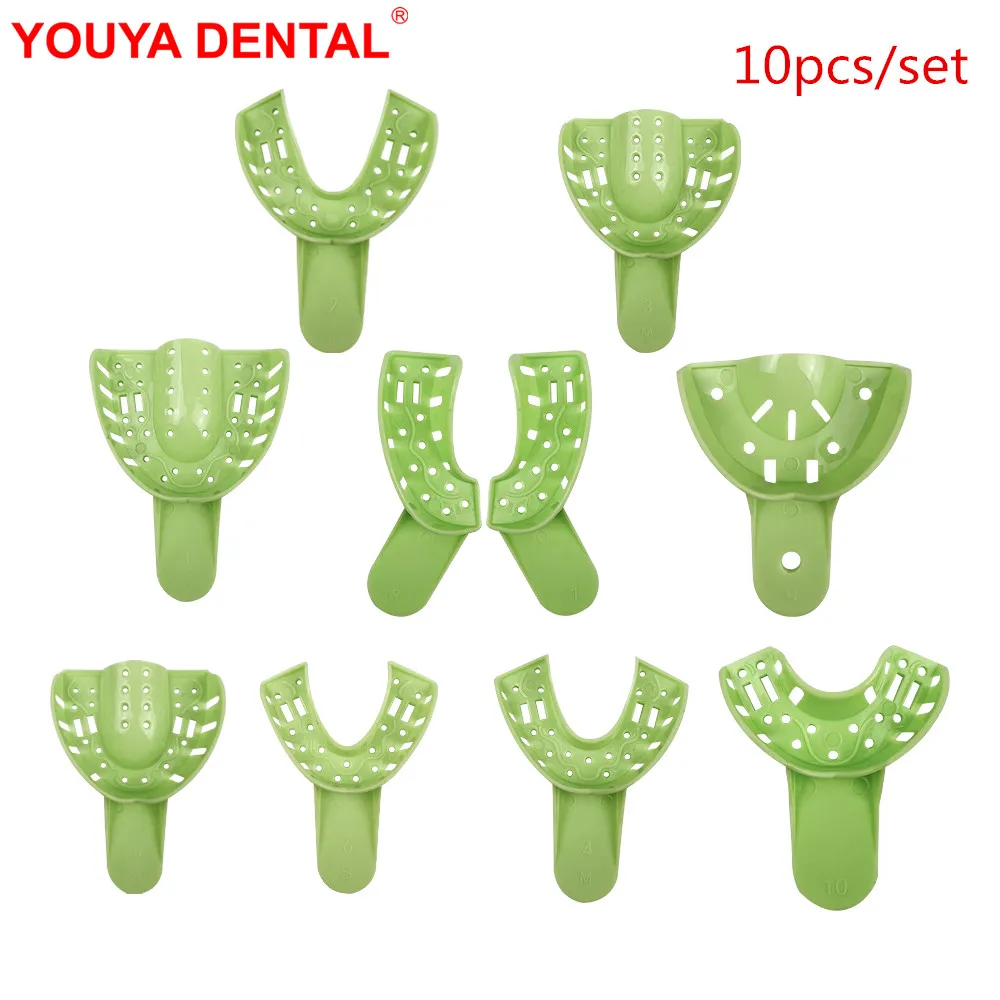 10pcs/Set Plastic Dental Impression Trays Autoclave Teeth Holder Perforated Green Dentistry Lab Materials Dentist Oral Care Tool