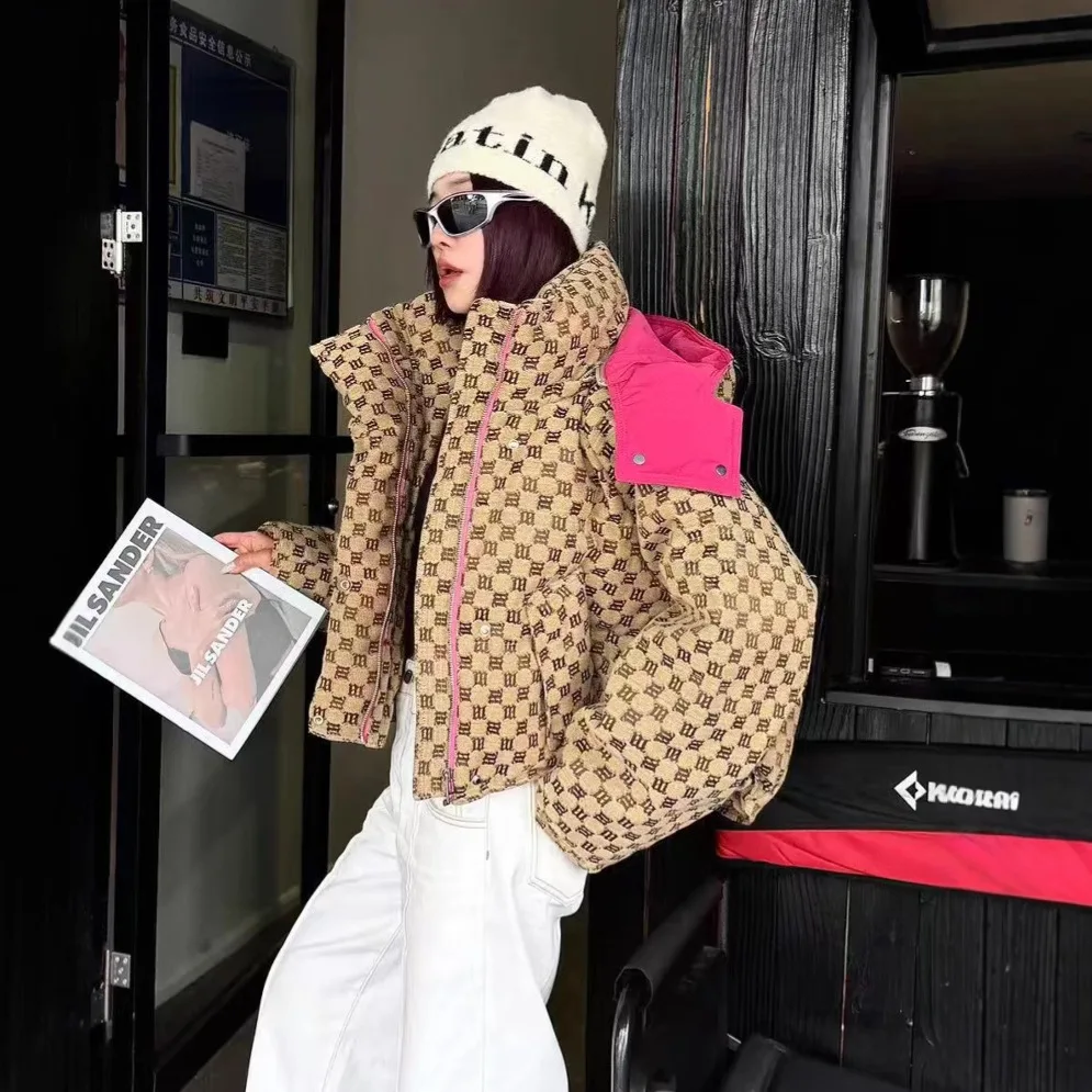 New winter down jacket women's short hooded letter jacquard white duck down bread jacket