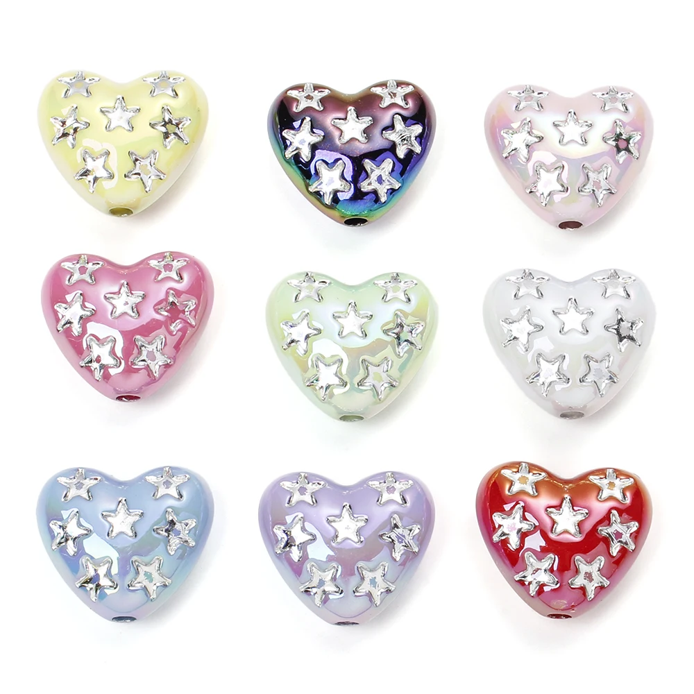 10Pcs Acrylic 3D Love Heart Beads Star Print Focal Beads for Diy Pens Charms Handmade Materials for Making Keychain Hairpin