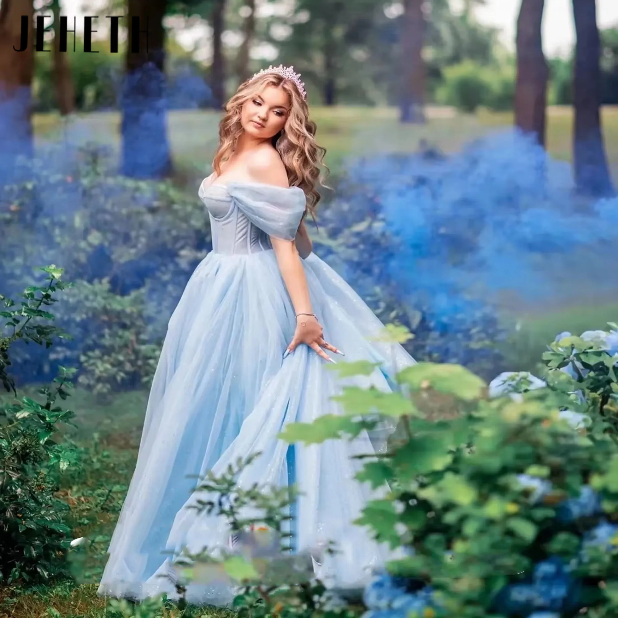 Prinses Blauw A-lijn Off Schouder Sweetheart Galajurk Glanzend Korset Lace up Tule Verjaardagsfeestje Jurk Quinceanera Gewaad Op maat