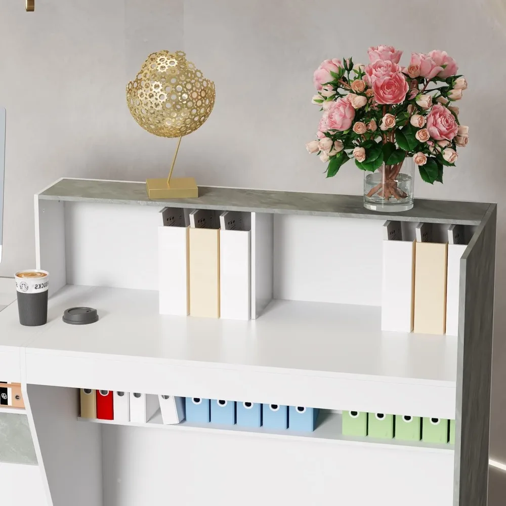 مكتب مكتب الاستقبال الحديث من Homsee مع أرفف تخزين وملمس رخامي، طاولة مكتب أمامية لعداد البيع بالتجزئة للخروج والساعة #5