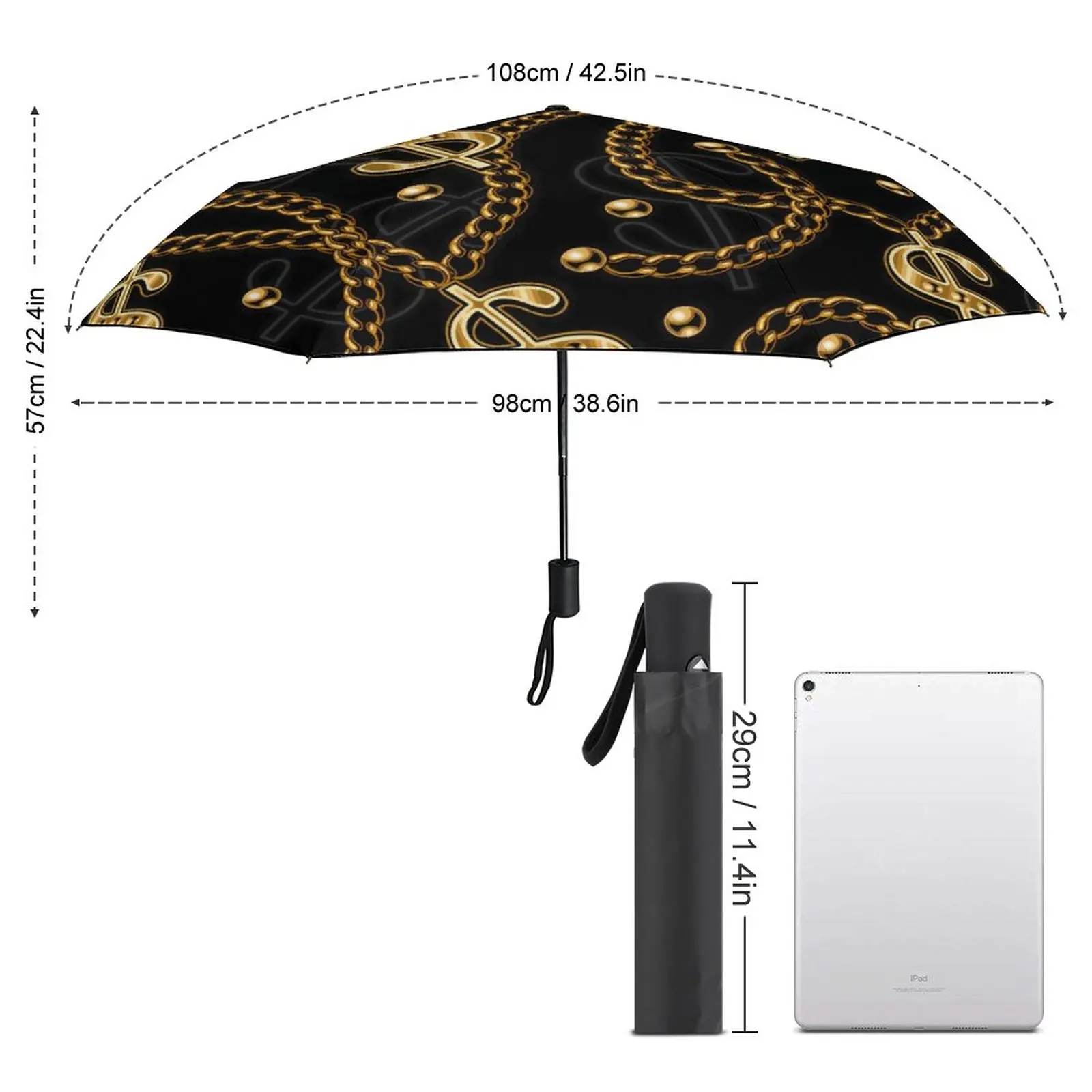 Gold Chain Print Umbrella USA Dollar Sign Aesthetic Windproof Umbrella Automatic Design Compact Home Umbrella