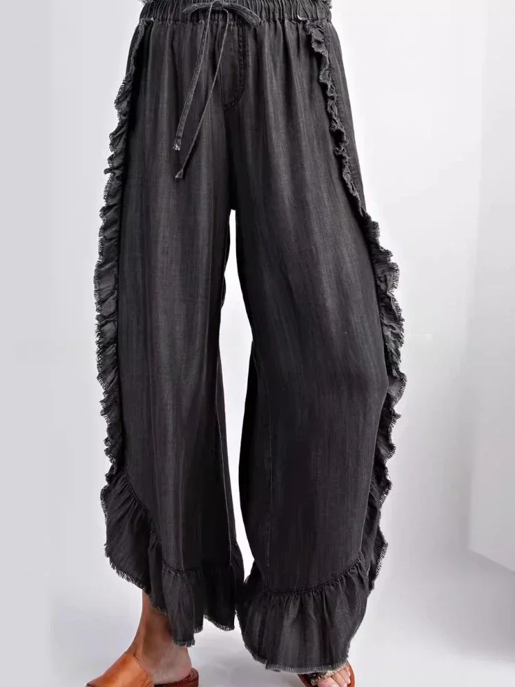 Jeans Wanita Denim Celana Flare Pinggang Tengah Serut Berenda Lotus Celana Ruffle Vintage Dicuci Tertekan 2025 Pakaian Jalanan