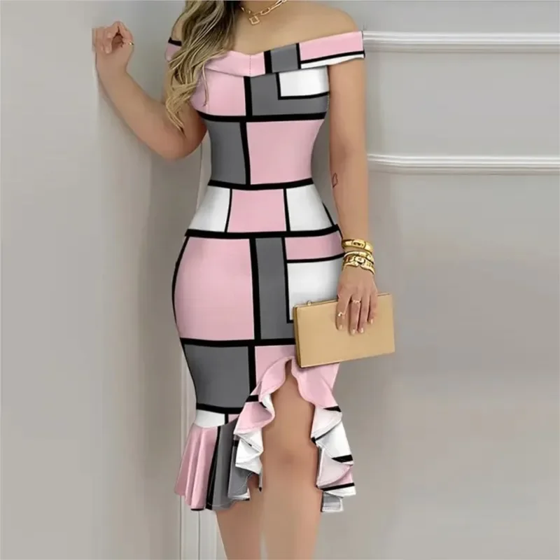 

Womens Sexy Dresses 2025 Summer Fashion Off Shoulder Print Ruffles Slit Hem Elegant Plain Short Sleeve Skinny Midi Party Dress