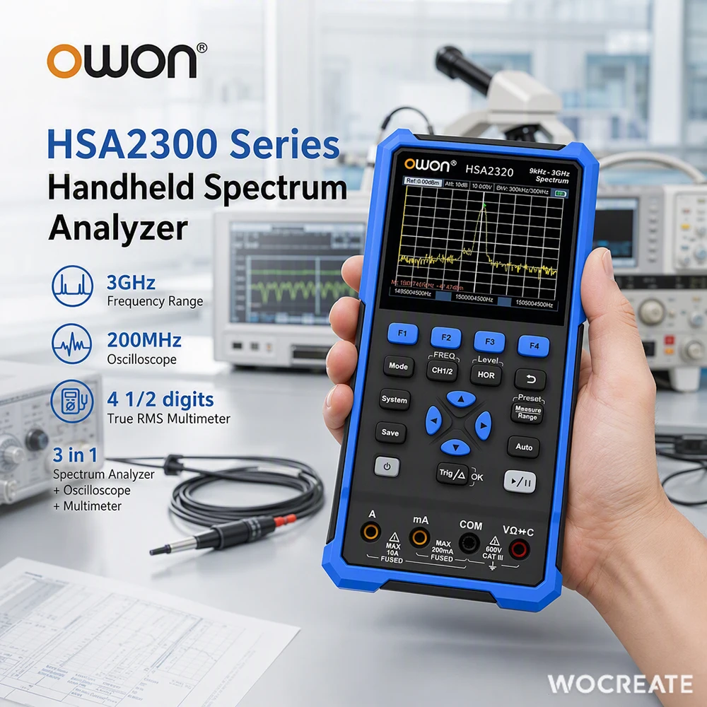 OWON HSA2300 Multifunction Handheld Spectrum Analyzer 3-in-1 9kHz to 3GHz , 2CH Digital Oscilloscope, True RMS Multimeter