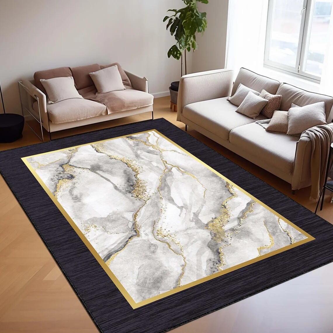 Luxuriöser Teppich im Marmor-Design mit goldenen Akzenten, moderner abstrakter Teppich für Wohnzimmer, elegante Bodenmatte, stilvoller Heimdekor-Teppich