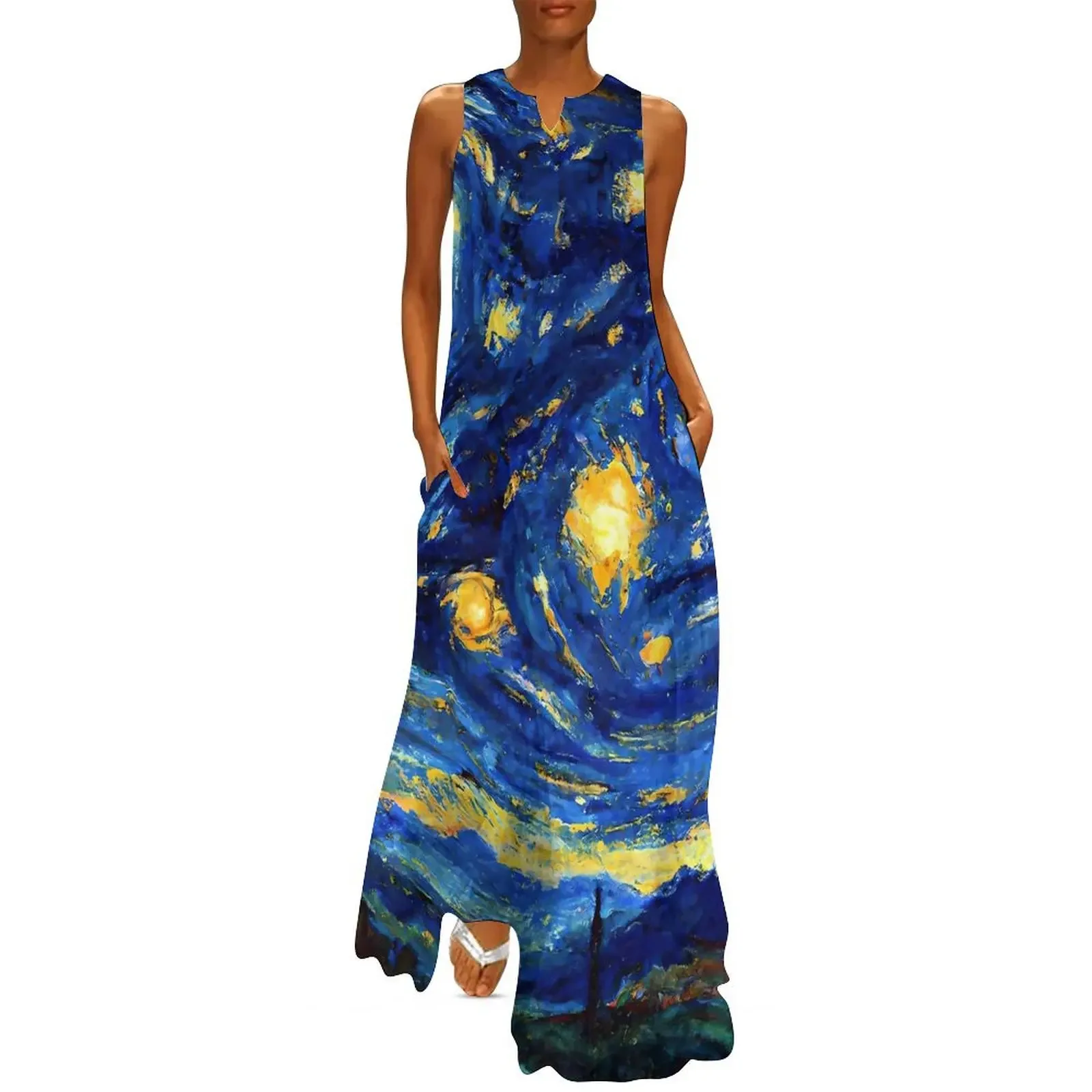 Starry Night Women Dress Abstract Famous Painting Trendy Maxi Dress Street Casual Long Dresses Women V-Neck Sleeveless Vestidos