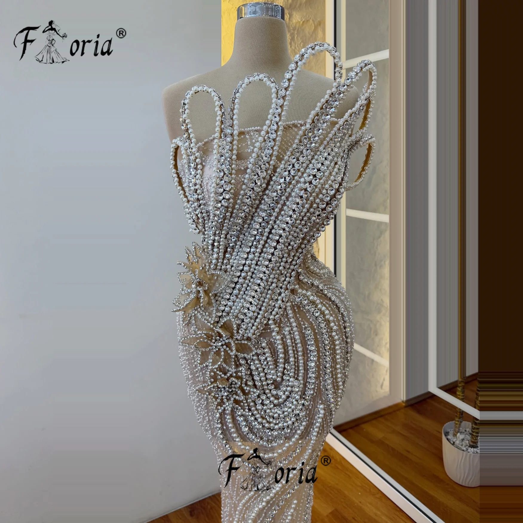 Elegante champanhe pérolas sereia vestido de festa contas principais cristal noite baile evento vestidos formal vestido celebridade personalizado