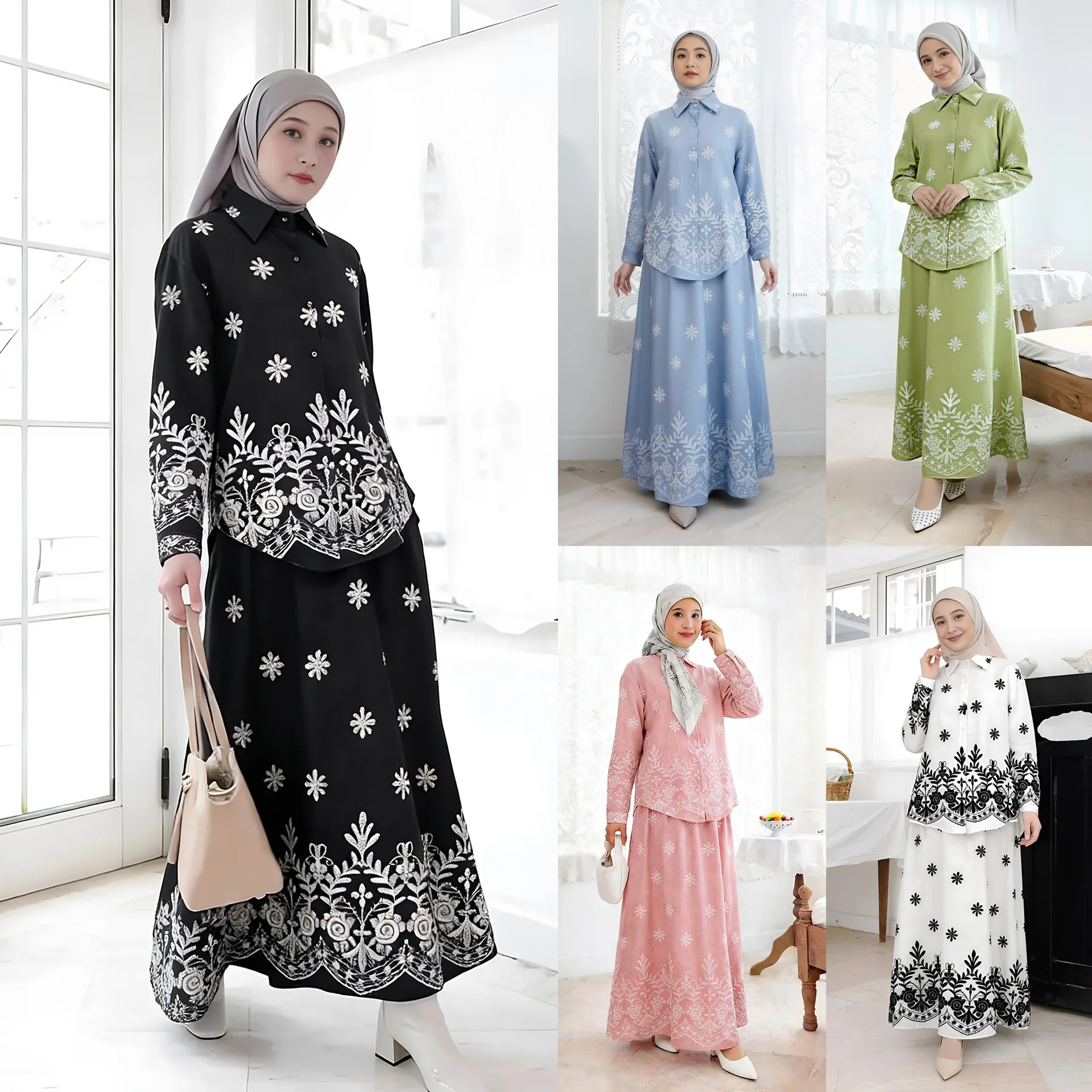 

Комплект из 2 предметов: блузка с принтом и длинная юбка для женщин на Ид, мусульманский костюм с пуговицами, джалабия, наряд для Рамадана, Дубай, мусульманский костюм, арабский длинный весенний наряд