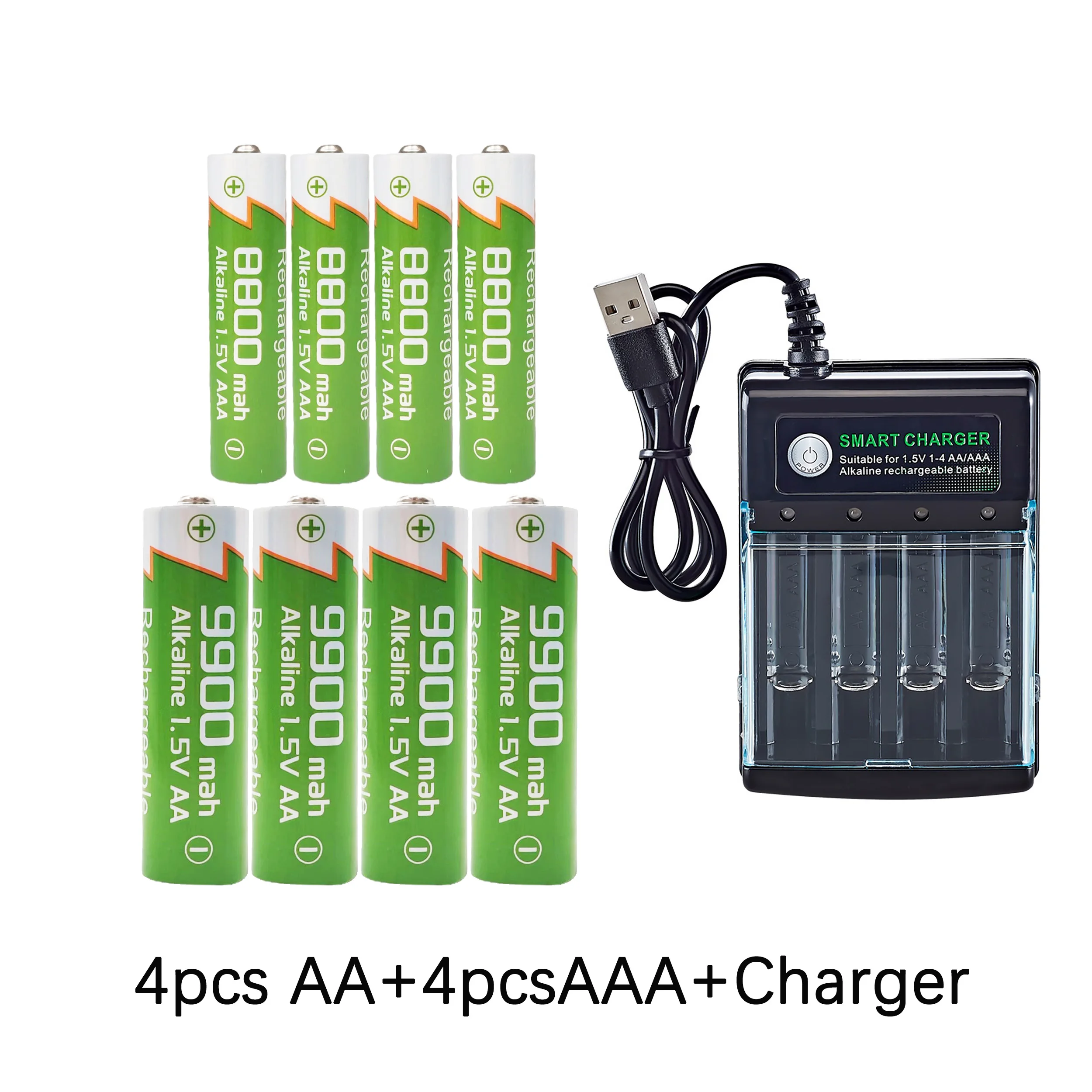 مجموعة بطاريات قلوية قابلة لإعادة الشحن بقوة 1.5 فولت: AA 9900 مللي أمبير في الساعة وAAA 8800 مللي أمبير في الساعة مع شاحن USB، شحن مجاني لجهاز التحكم عن بعد/اللعبة/الكاميرا #3