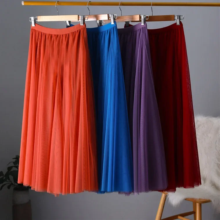 Hot Women Mesh Elastic Tutu Skirt Beach Spring Summer Korean High Waist Fashion Pleated Long Skirt Black White Tulle Skirts