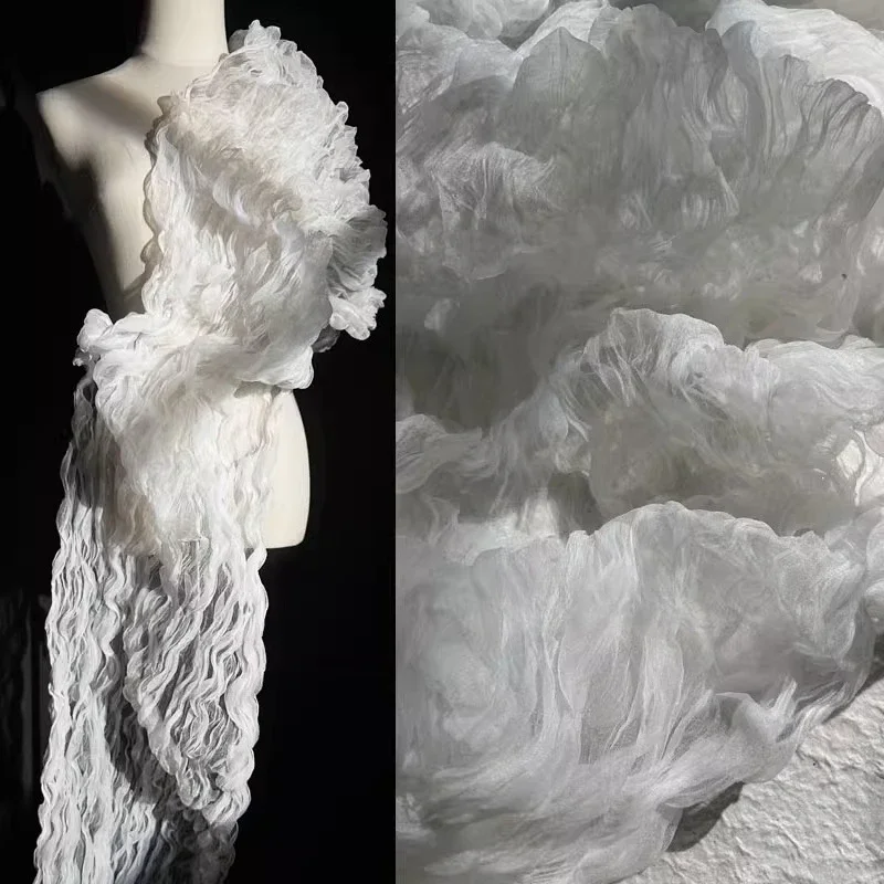 White Foam Irregular Pleated Fabric for Lace Reconstruction Wedding Styling Designer Fabrics By Meter Cloth Apparel Diy Sewing