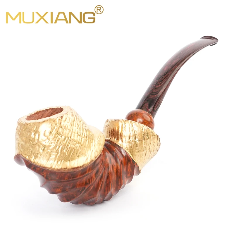 

MUXIANG Hand-carved tobacco pipe Briarwood pipe Sandblasted pipe Gold-plated process solid wood pipe Colored pipe mouthpiece