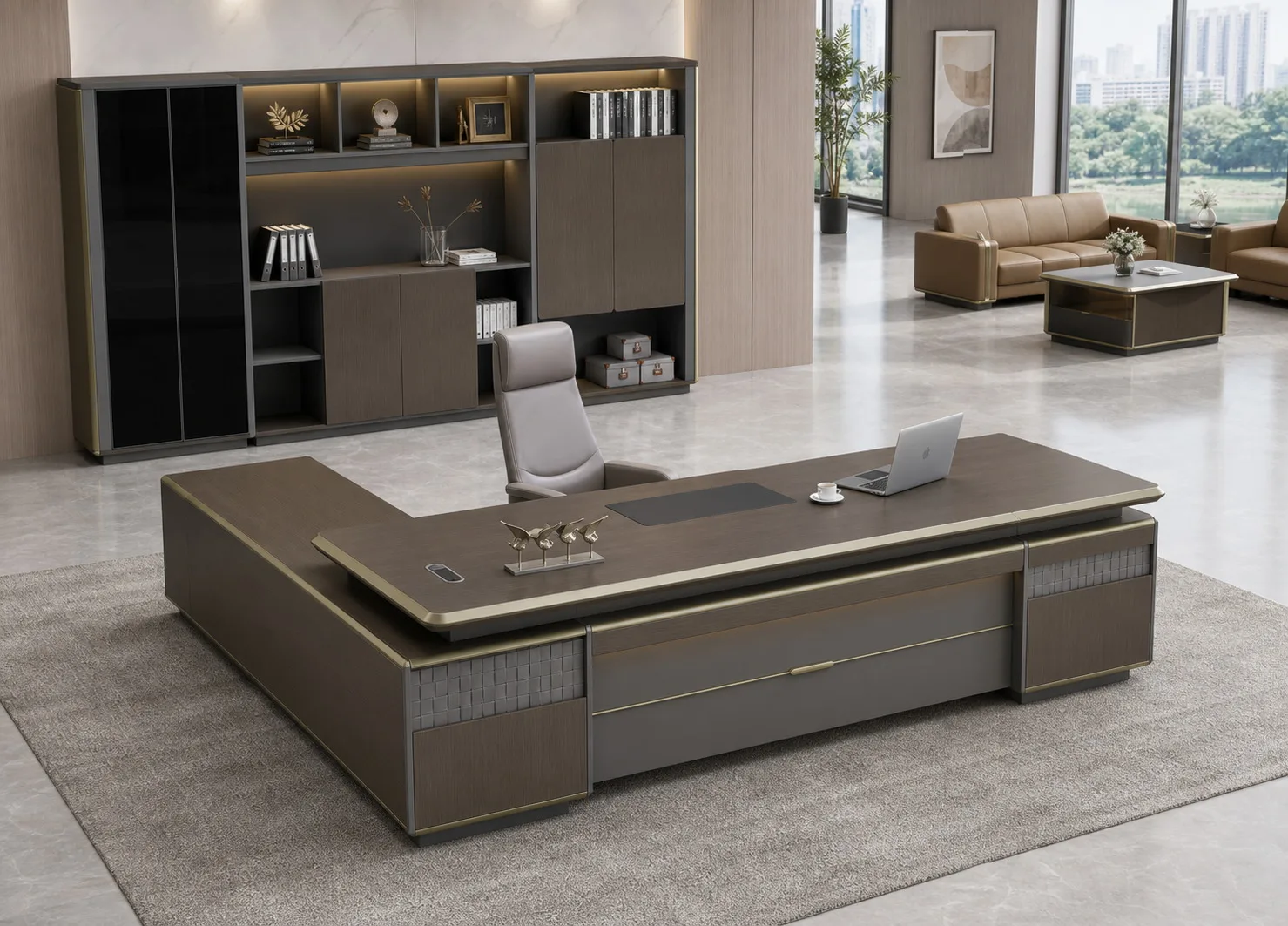 Modern L Shaped Manager Office Desk With Side Cabinet And Matching File Bookcase Wood 5-Year Warranty