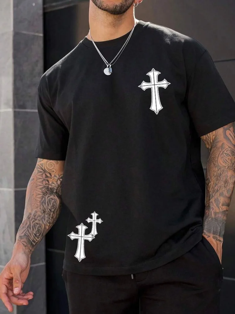 Religious Print Men\'s T-shirt Cross Print Men\'s T-shirt Summer Daily Casual Men\'s Short-sleeved Top Street Fashion Men\'s T-shirt