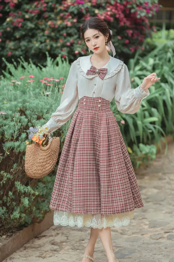 Kawaii Preppy Style Bow 2PCS Blouse Skirt Set Cute Peter-Pan Collar Solid Women Blouse High Waist Lace Plaid A-line Maxi Faldas