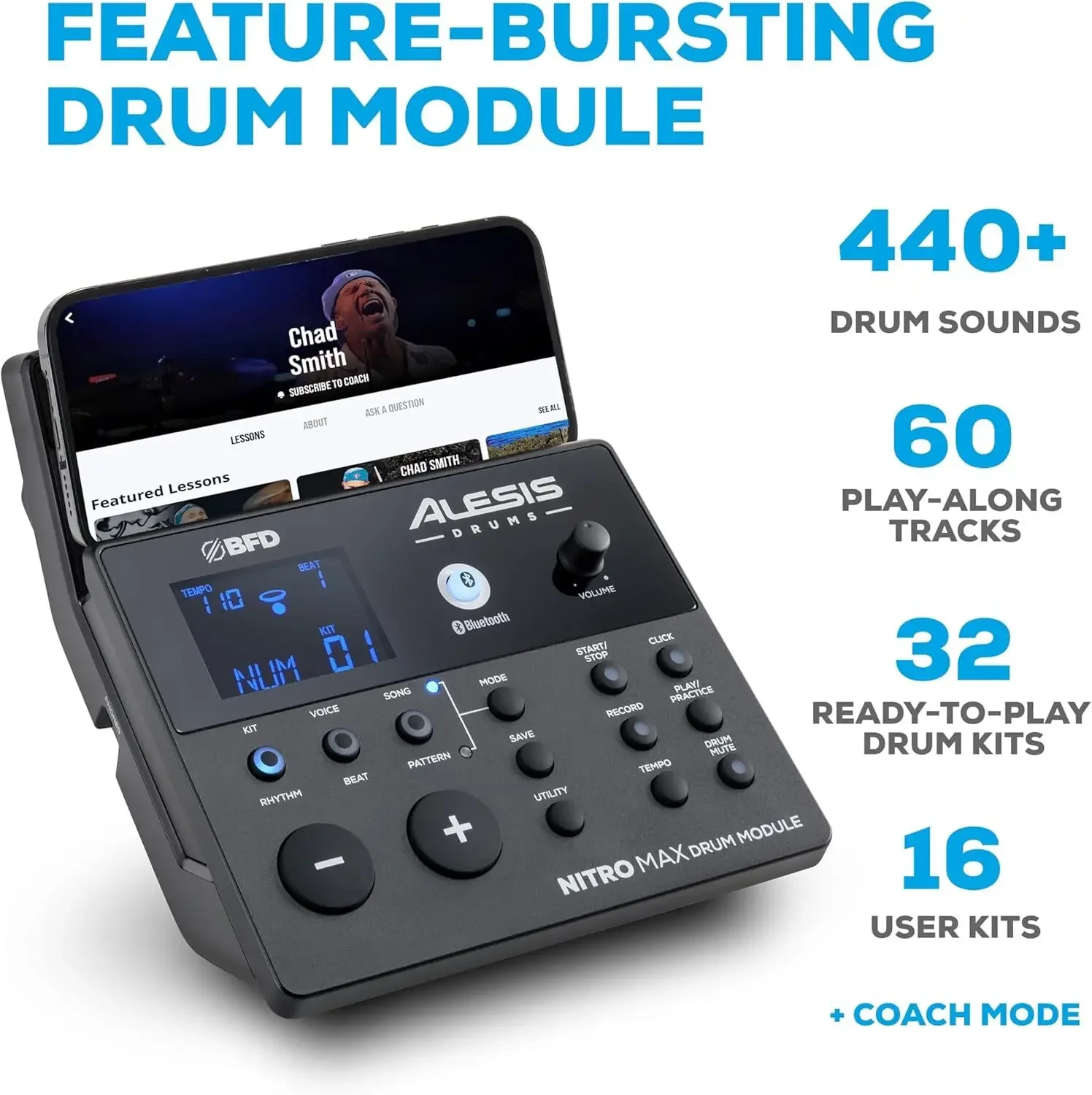 مجموعة أدوات الطبول الكهربائية Alesis Nitro Max Kit مع وسادات شبكية هادئة، كمين مزدوج المنطقة مقاس 10 بوصات، بلوتوث، 440+ أصوات أصلية، Drumeo، USB