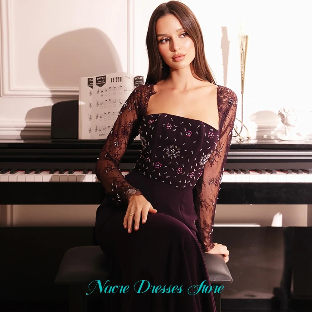 Customized Luxury Jersey Evening Dress Delicate Lace Long Sleeves Prom Dresses Modern Crystal Flowers Special Occasion Gowns