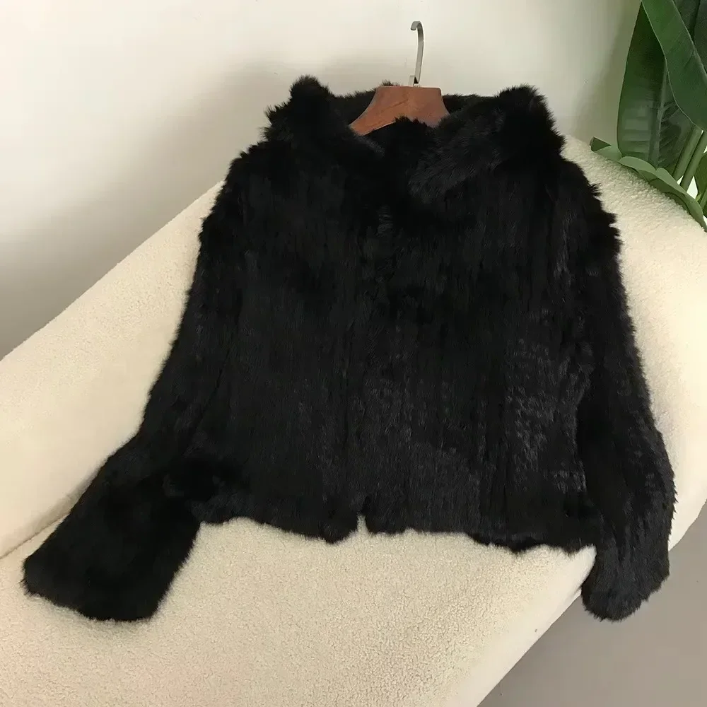 女性のウサギの毛皮のフード付きコート,厚い手織りのコート,両面,短い,暗号化された,韓国の,新しい,秋と冬