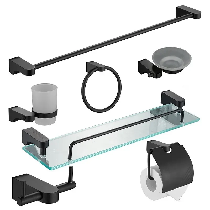 Black Space Aluminum Bathroom Hardware Set 6 Piece Towel Bar Toilet Paper Holder Rack Wall Mounted Bath Accessories Kit