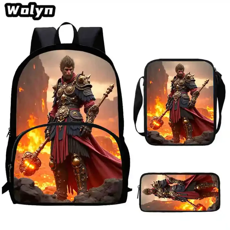 Black Anime Myth Wu-King Child Backpack with Front Pocket,Shoulder Bags,Pencil Bags for Aged 5-10 Anime Bag Boys Girls,Best Gift