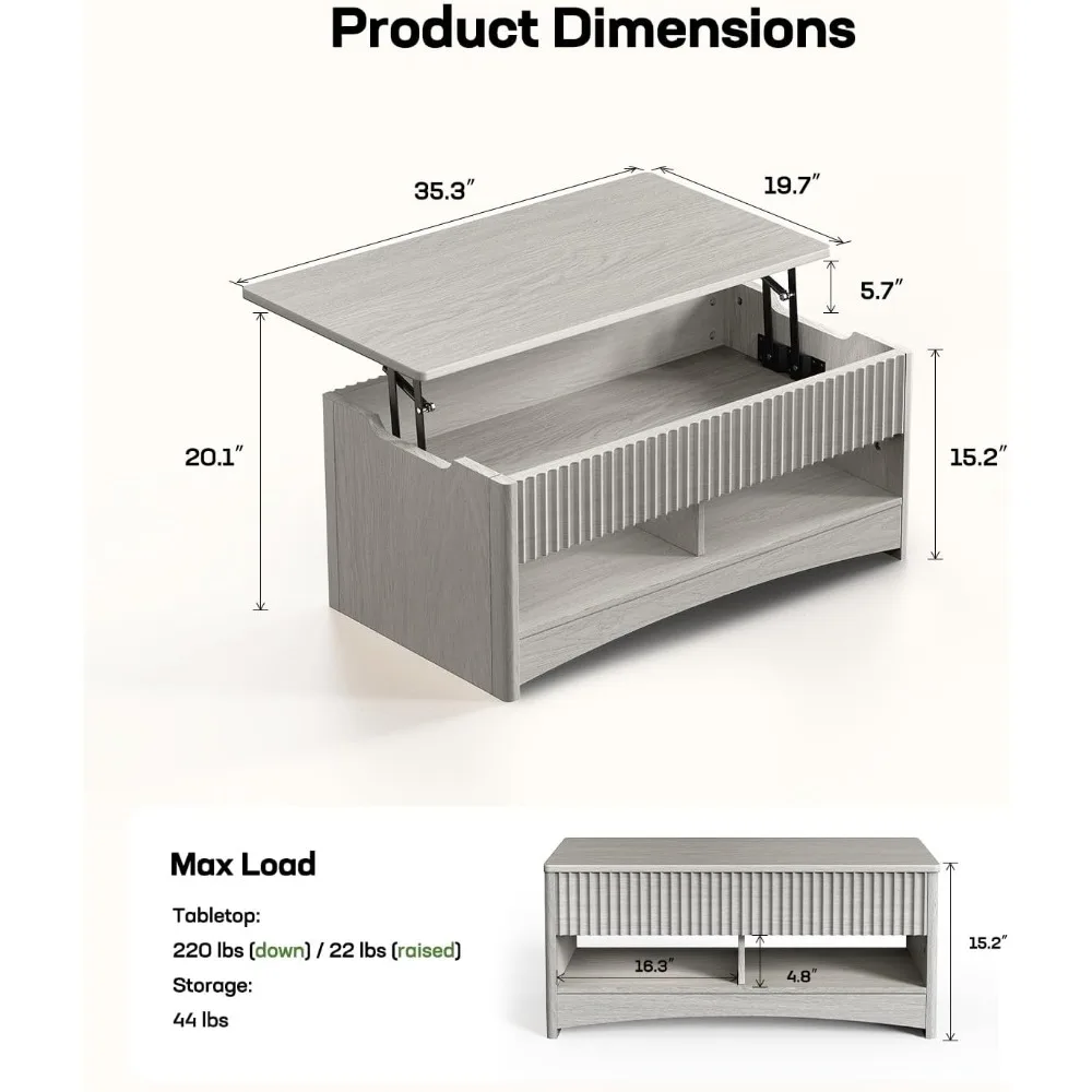 Stolik kawowy z podnoszonym blatem i otwartym i ukrytym schowkiem, nowoczesny stolik kawowy z rowkowanym wzorem i płynnym mechanizmem podnoszenia, solidny i oszczędzający miejsce.