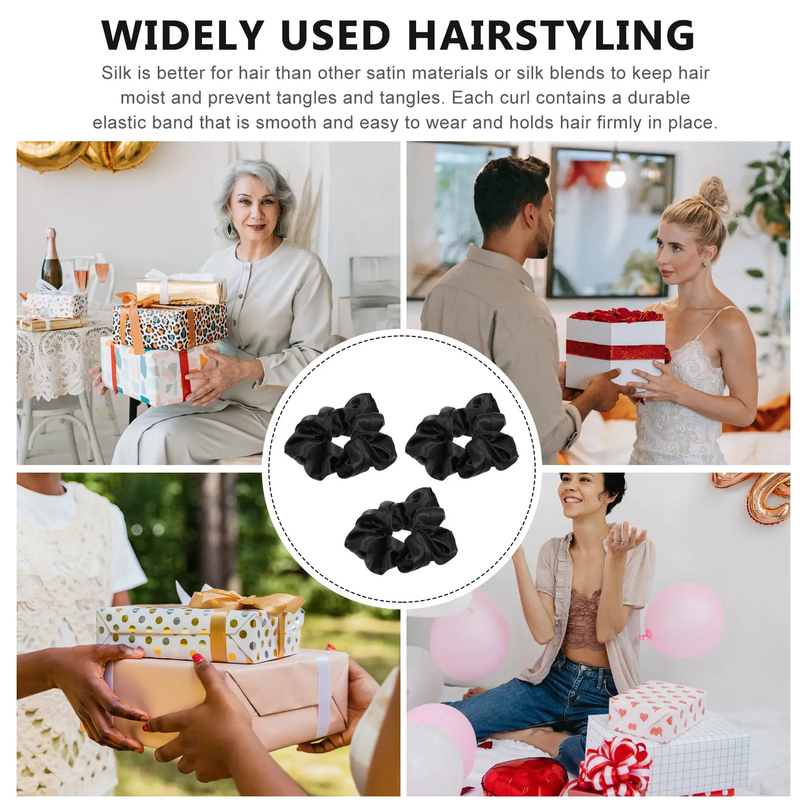 

Набор из 3 шелковых резинок для волос: черные эластичные резинки для хвоста, резинки для волос для женщин и девочек, на каждый день и для офиса