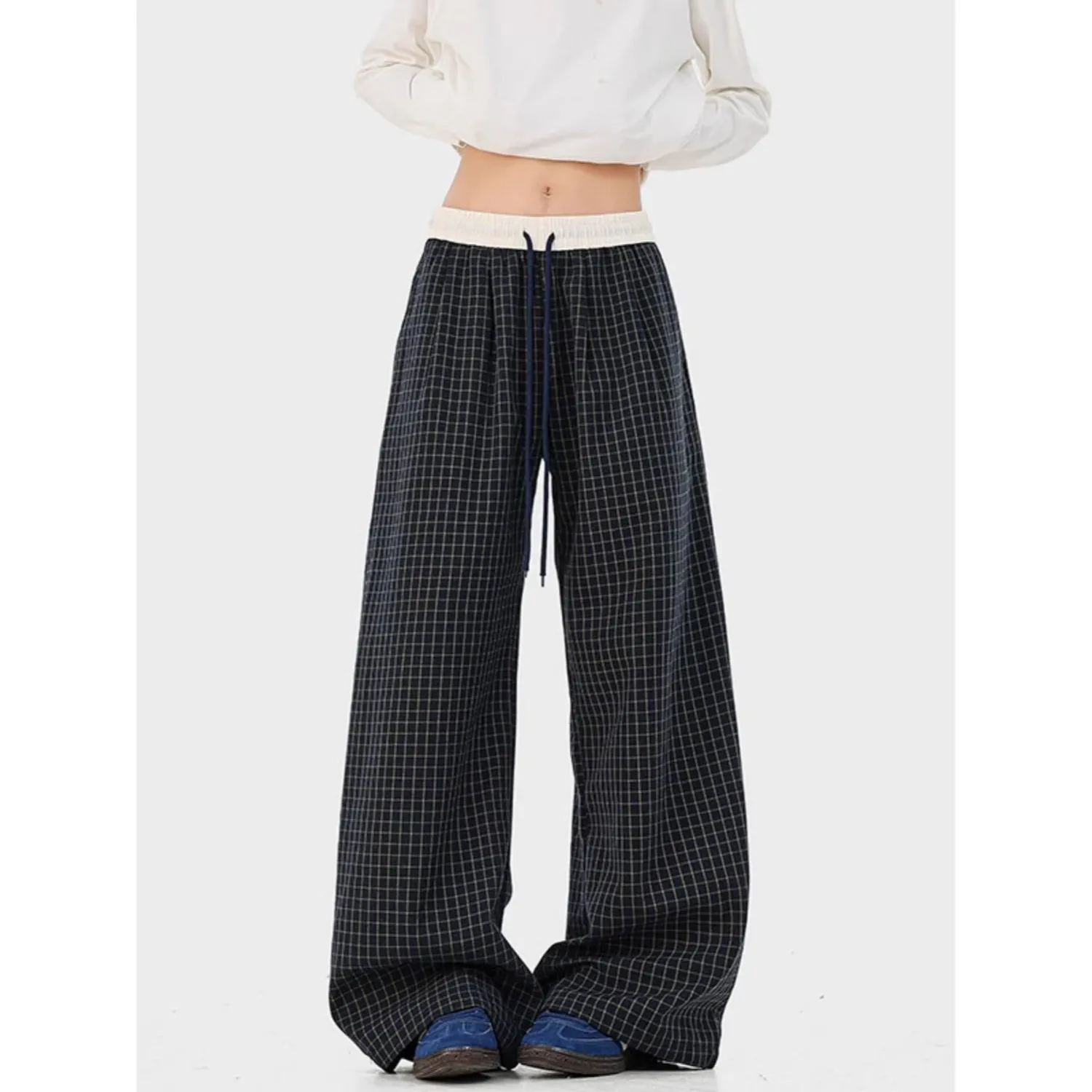 Navy Blue Plaid Splicing Casual Pants Contrasting Color Drawstring Sweatpants Loose Lazy Wind Trousers