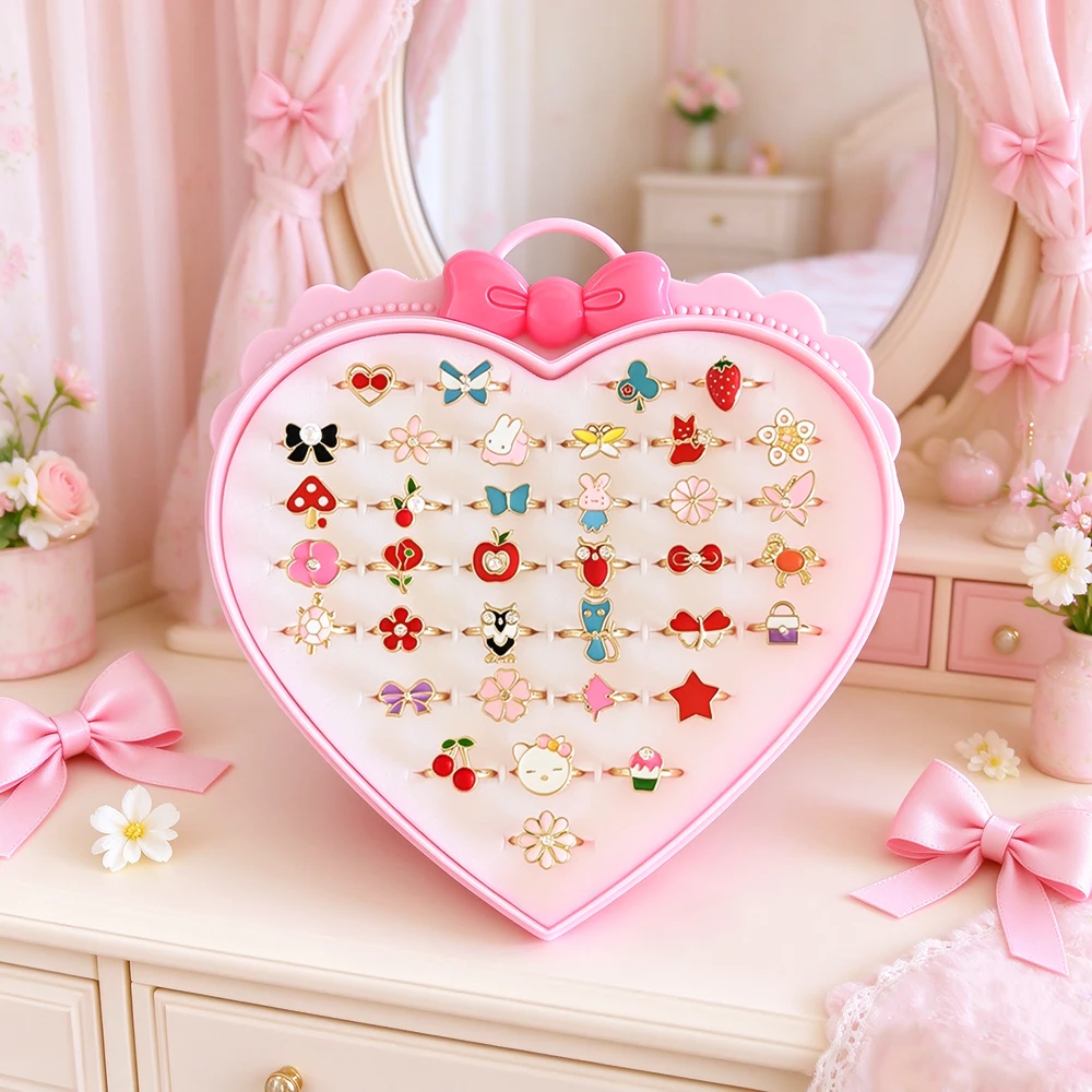 36PCS Girls Cartoon Adjustable Rings Set with Bow Heart-Shaped Gift Box, Colorful Flower Fruit Animal Jewelry, Birthday Gift